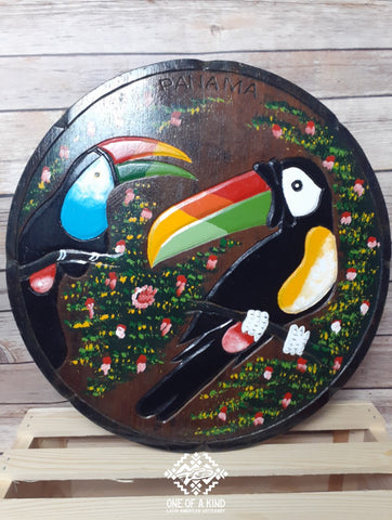 Hand Carved Painted Circular Board with Toucans