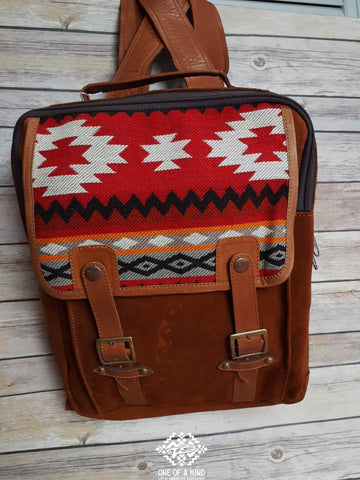 Handstitched 100% Leather Backpack with Otavalo Weaving